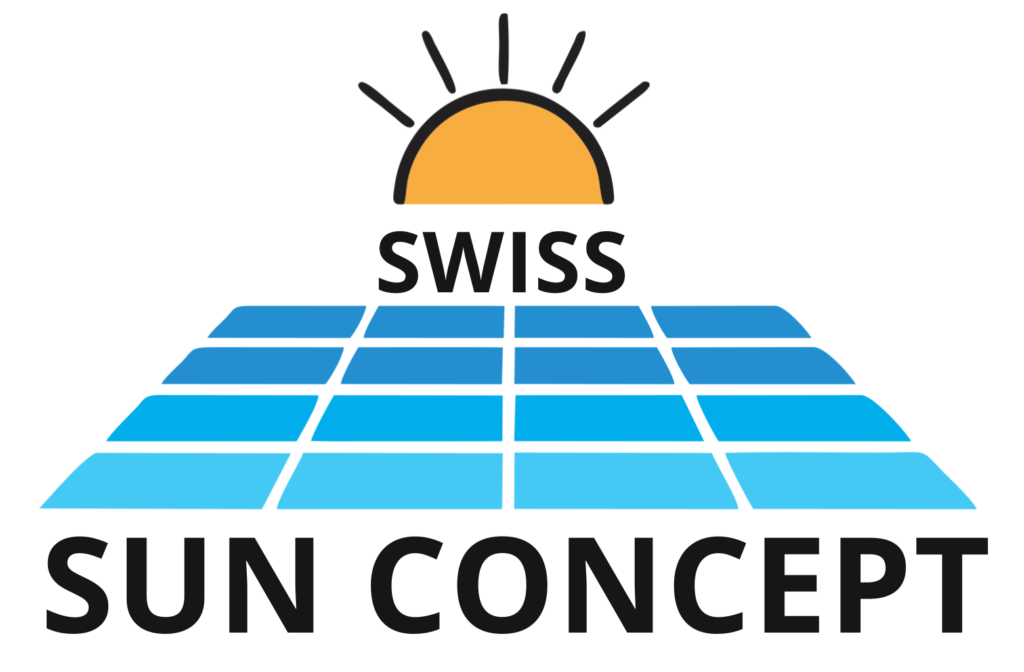 Blaue Balken, die eine Photovoltaikanlage darstellen mit einer gelben Sonne darüber als Logo für die Firma Swiss Sun Concept GmbH aus der Schweiz